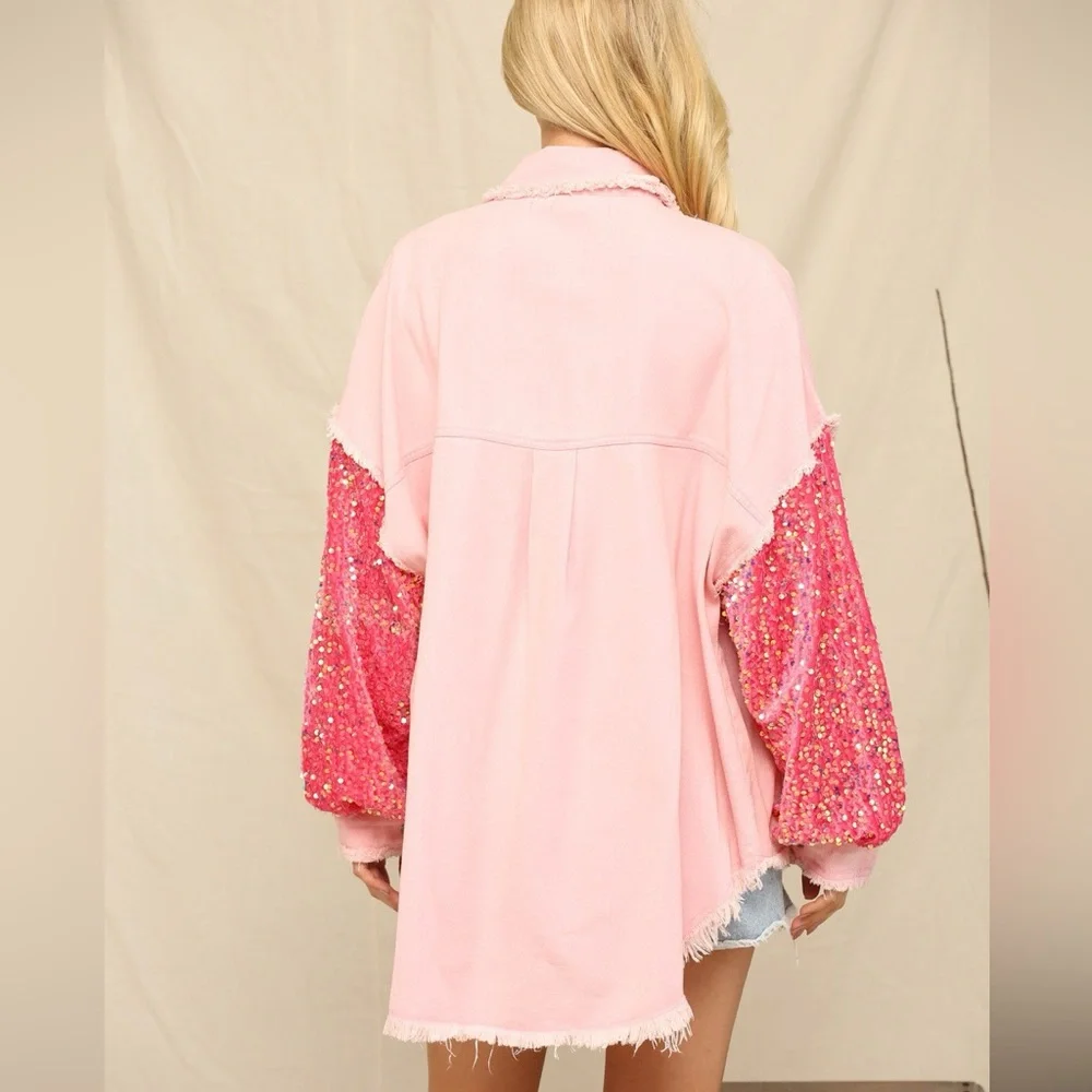 🔥🔥Denim Oversized Contrast Sleeve Shacket With Sequence Pink Size NWT - Picture 5 of 5